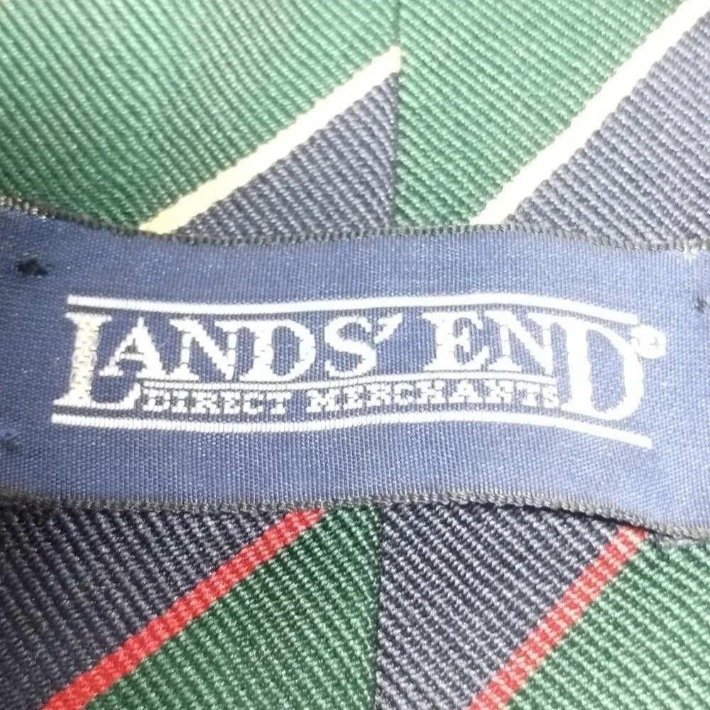 Lands End Vintage Mens Repp Stripe Silk Tie Green Navy Blue Red Yellow USA